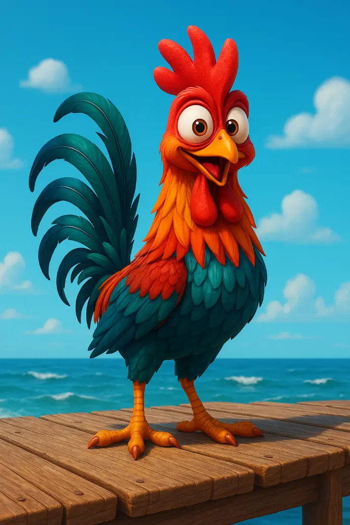 A colorful cartoon-style rooster standing confidently on a wooden dock by the sea. The rooster has exaggerated, expressive eyes, vibrant red comb and wattle, detailed multicolored feathers in shades of red, green, and blue. The background shows a bright blue sky with a few clouds and ocean waves. The art style is 3D-rendered, playful, and highly detailed, with a funny and animated expression. In the style of a Pixar or animated movie character, with exaggerated proportions and comedic expression.