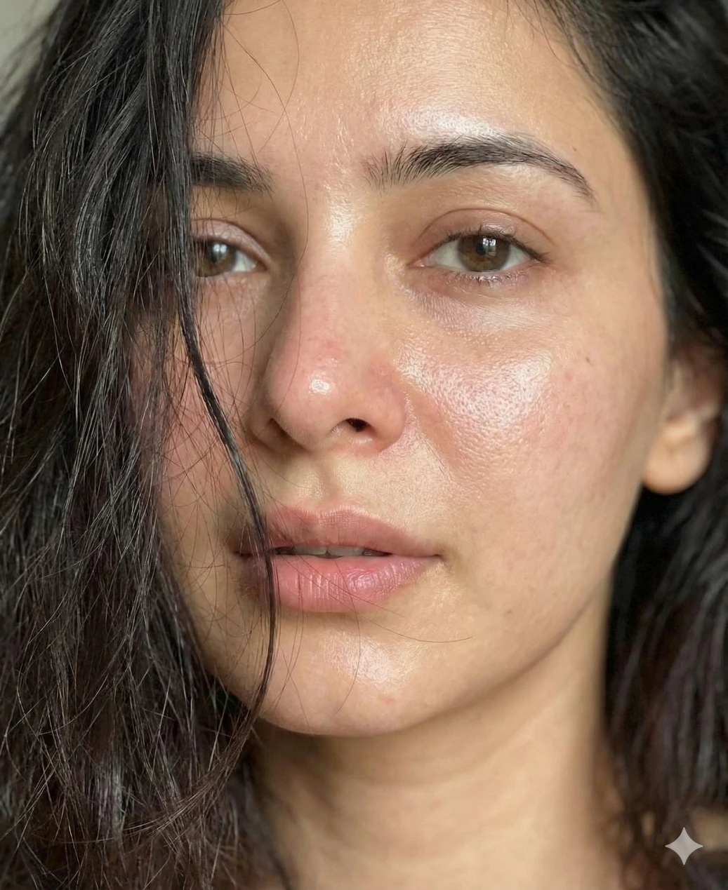 Close up Variation prompt : Hair falls looselyover partof the face, slightly tangled, a few strands brushing the cheeksor lips. Face fills mostof the frame, cropped imperfectly. Expression feels mid-thoughtand relaxed, eyes softand slightly unfocused, lips gently parted. Skin textureis visiblewithnatural shineon cheeksand nose, subtle rednessandreal pores. Focusis entirelyon the face — background irrelevant. Feelslike a moment caught accidentallywhile turning the cameraon