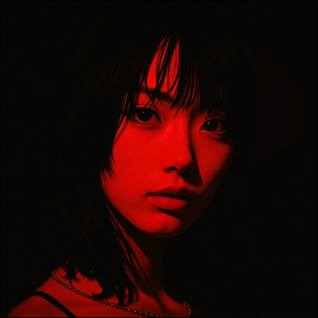 Create an intense, evocative portrait in the Japanese retro anime style of the 80s and 90s. The scene features a feale bathed in deep dark light. The background is stark, with sharp contrasts highlighting the contours of he form. The red and orange and black palette intensifies the mood, evoking a sense of mystery and allure. Subtle film grain and meticulous shading add depth and texture, emphasizing the emotional gravity of the scene. The lighting creates a chiaroscuro effect, accentuating her expressive pose and the intense atmosphere. black hair