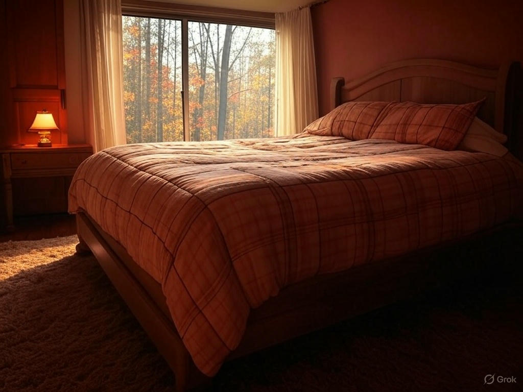 "एक शांत और आरामदायक बेडरूम की खूबसूरत तस्वीर, जो एक सुनहरे autumn forest को overlook करता है। इस idyllic bedroom में एक बड़ा bed, एक desk और उस पर एक warm desk lamp है। खिड़की से झांकती wispy curtains के बीच सुबह का सूरज उगता हुआ दिखाई देता है, जिसकी morning rays कमरे में फैल रही हैं। यह nostalgic scene पुरानी यादों को ताज़ा करता है, जिसमें photographic realism और 4k quality के साथ past के hues कैद हैं। Autumn bedroom decor और cozy interior design के शौकीनों के लिए परफेक्ट।" Cozy bedroom with autumn view Nostalgic sunrise bedroom scene Autumn forest bedroom 4k Warm desk lamp interior Photographic realism bedroom design Idyllic bedroom decor