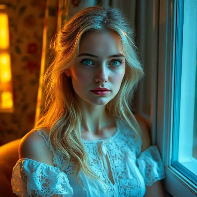 A portrait of Elena Virelle, a 27-year-old elegant European woman with ash-blonde hair, fair skin, and green eyes, softly lit by golden sunlight from a nearby window. She is wearing a vintage lace white dress, sitting near a window with old faded floral wallpaper behind her. Her face is calm and thoughtful, with a soft poetic expression. Shot in shallow depth of field with warm tones, cinematic soft light.