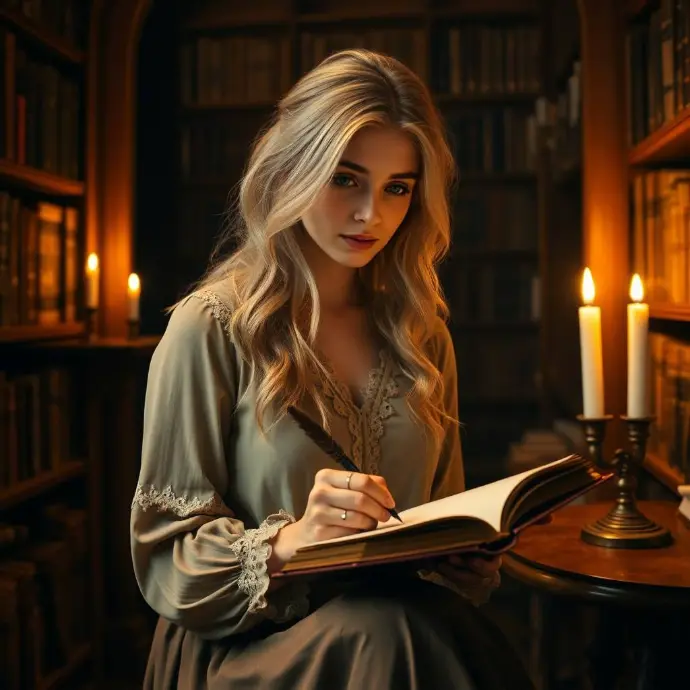 Elena Virelle, the same woman as before, sitting alone in a quiet European library with shelves of antique books. She wears a pastel blouse with lace trim and a soft long skirt. Her long ash-blonde hair is gently falling over one shoulder. She is writing in a leather-bound journal using a quill, her green eyes focused yet peaceful. Warm candlelight and ambient shadows create a romantic, nostalgic atmosphere. Shot in cinematic soft light, indoor environment.